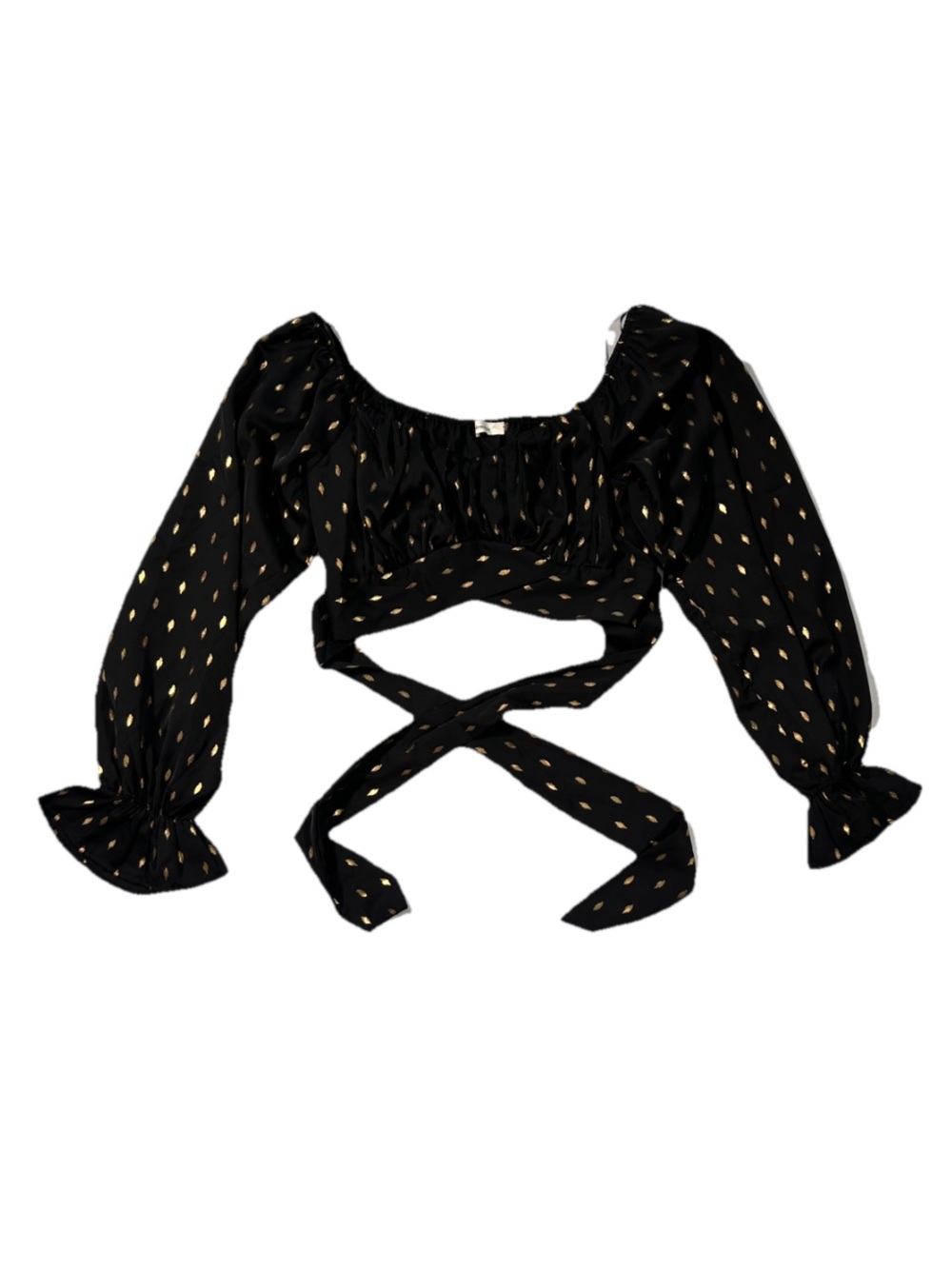 Idem Black Gold Polka Dot Foiled Off Shoulder Puff Long Sleeve Cropped Blouse